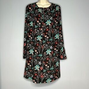 LOFT SMALL BLACK AND FLORAL MIDI LONG SLEEVED DRESS